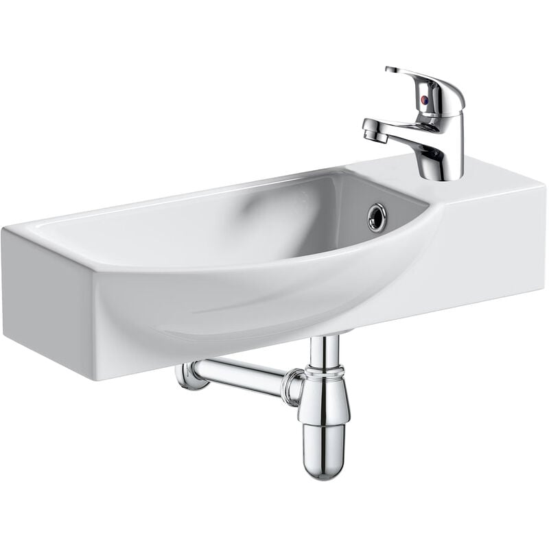 500mm Curved Wall Hung 1 Tap Hole Basin Chrome Dom Tap & Bottle Trap Waste - White