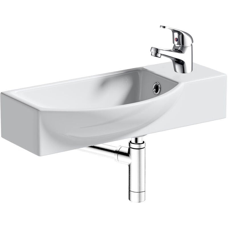 500mm Curved Wall Hung 1 Tap Hole Basin Chrome Dom Tap & Minimalist Bottle Trap Waste - White