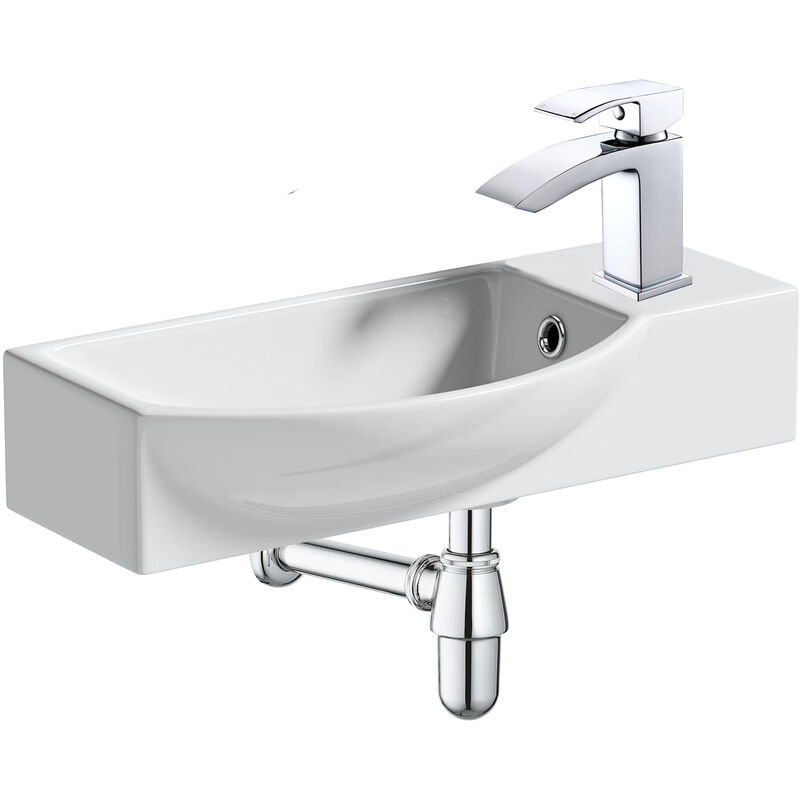 500mm Curved Wall Hung 1 Tap Hole Basin Chrome Lucia Waterfall Tap & Bottle Trap Waste - White