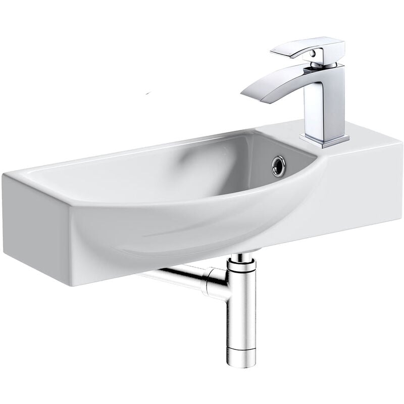 Fnx Bathrooms - 500mm Curved Wall Hung 1 Tap Hole Basin Chrome Lucia Waterfall Tap & Minimalist Bottle Trap Waste - White