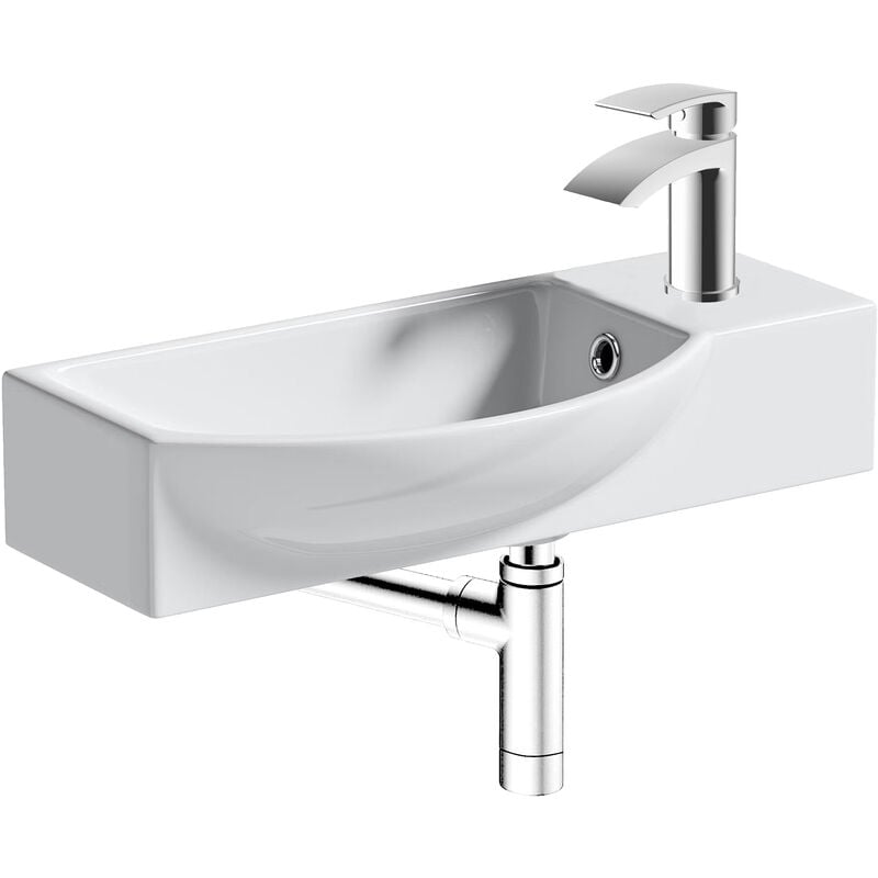 500mm Curved Wall Hung 1 Tap Hole Basin Chrome Sleek Waterfall Tap & Minimalist Bottle Trap Waste - White