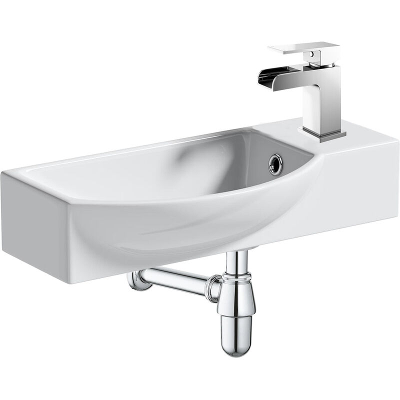 Fnx Bathrooms - 500mm Curved Wall Hung 1 Tap Hole Basin Chrome Waterfall Tap & Bottle Trap Waste - White