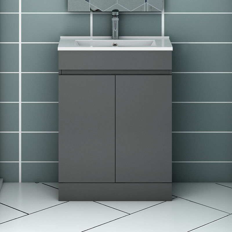 500mm Floor Standing Grey Bathroom Vanity Unit Cabinet with Ceramic Basin-Doors Grey - Acezanble