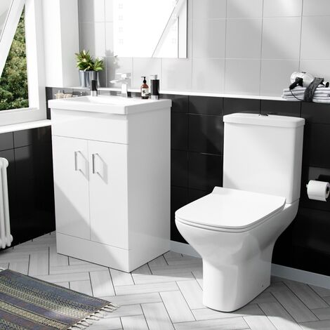 500mm Floorstanding White Basin Vanity & Rimless Close Coupled Toilet Flat Pack