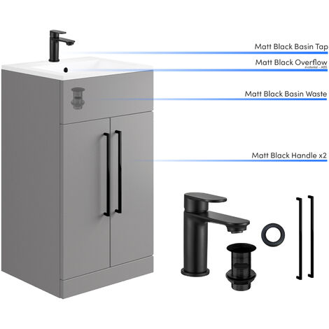 500mm Matt Grey Bathroom Vanity Unit Cabinet Basin Sink & Matt Black Accessory Set