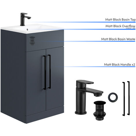 500mm Matt Indigo Bathroom Vanity Unit Cabinet Basin Sink & Matt Black Accessory Set