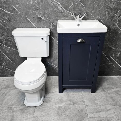 500mm Vanity Unit Indigo Blue with Carlton Toilet Set Derby Cloakroom Suite, Colour Matched Seat-No Tap & Waste-Chrome Flush