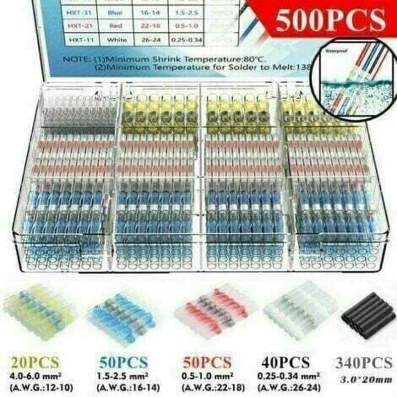 500Pcs Cosses Electriques Souder Gaine Thermorétractable, Thermorétractables Souder Bout à Bout Seal Connecteurs Electriques Isolés Etanche Marine