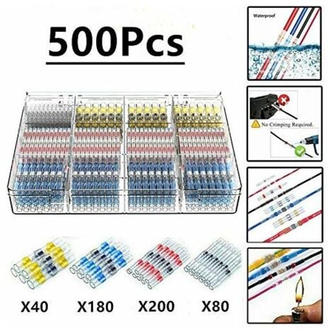 PEAK 500Pcs Cosses Electriques Souder Gaine Thermorétractable,Maidodo Thermorétractables Souder Bout À Bout Seal Connecteurs Electriques Isolés Etanche Marine Marine Automobile Cuivre