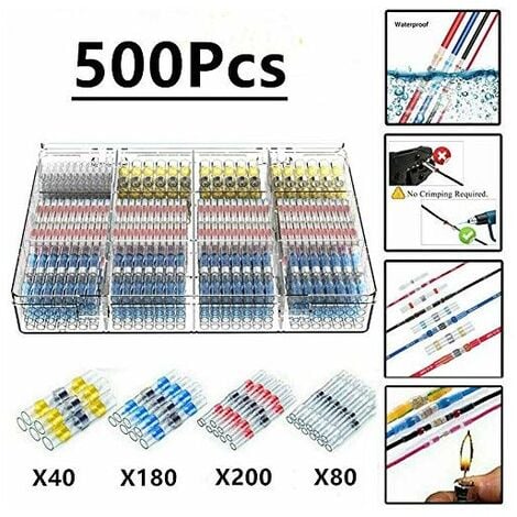 500Pcs Cosses Electriques Souder Gaine Thermorétractable,Maidodo Thermorétractables Souder Bout À Bout Seal Connecteurs Electriques Isolés Etanche Marine Marine Automobile Cuivre -DPZO