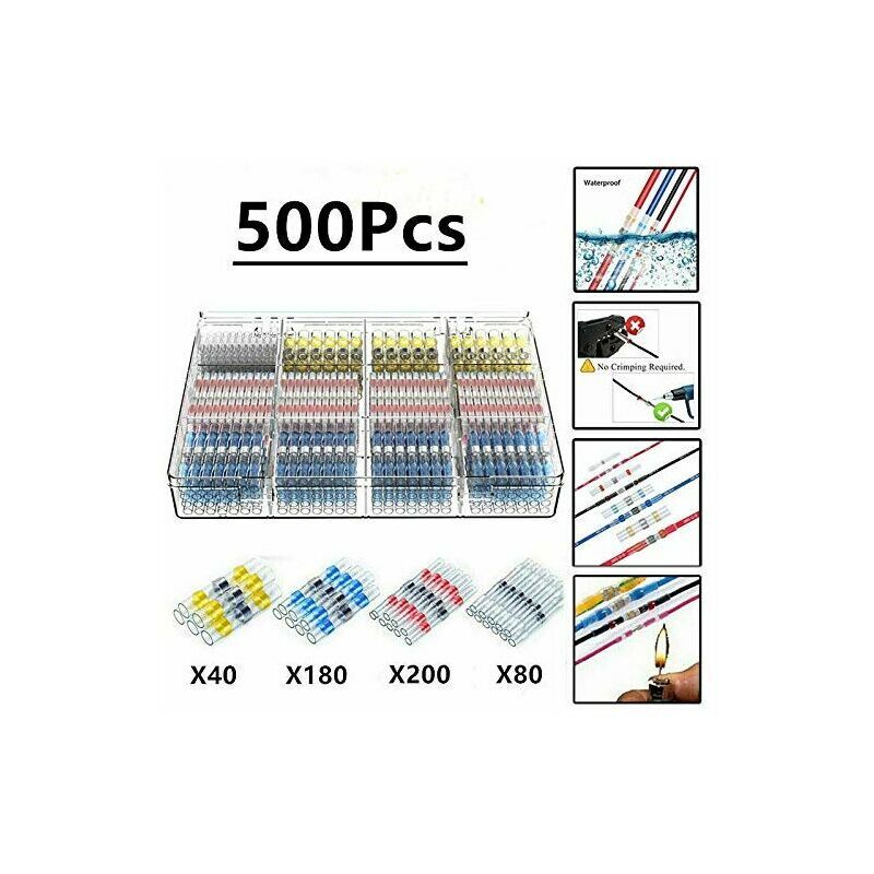 500Pcs Cosses Electriques Souder Gaine Thermorétractable,Maidodo Thermorétractables Souder Bout à Bout Seal Connecteurs Electriques Isolés Etanche
