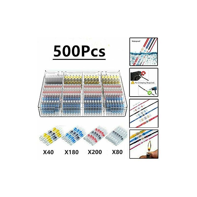 500Pcs Cosses Electriques Souder Gaine Thermorétractable,Maidodo Thermorétractables Souder Bout À Bout Seal Connecteurs Electriques Isolés Etanche
