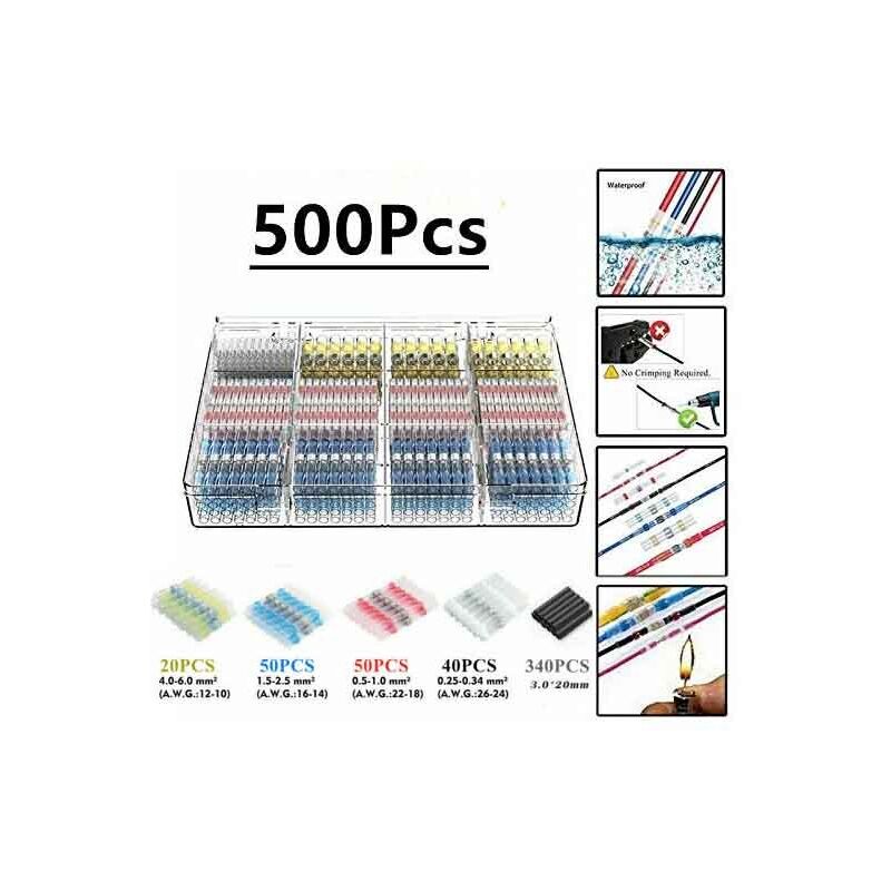 500Pcs Cosses Electriques Souder Gaine Thermorétractable,Maidodo Thermorétractables Souder Bout à Bout Seal Connecteurs Electriques Isolés Etanche