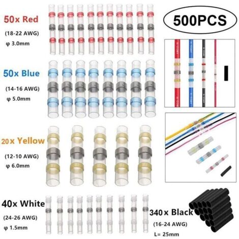 500Pcs Joint de Soudure Connecteur de Fil-Connecteurs Bout à Bout à Souder par Rétrécissement-Kits de Connecteurs à Souder-Bornes de fil Étanches Isolées pour Automobiles et Navires