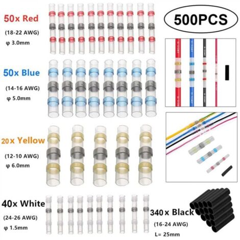 500Pcs Joint de Soudure Connecteur de Fil-Connecteurs Bout à Bout à Souder par Rétrécissement-Kits de Connecteurs à Souder-Bornes de fil Étanches Isolées pour Automobiles et Navires