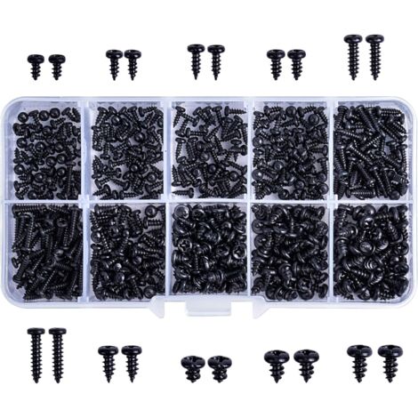 500Pcs Kit d'Assortiment de Vis Autotaraudeuses à Tête Ronde en Acier Au Carbone, 10 Taille Noir à Tête Fraisée à Empreinte Cruciforme Vis Avec Boîte De Rangement Pour Bois Plastique, Métal Mou