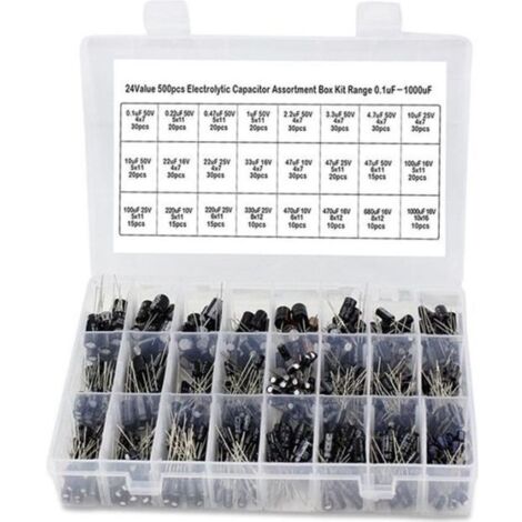 500pcs - lot Condensateurs electrolytiques de valeurs de 0.1UF-1000UF 24 Melange 16-50V Condensateur electrolytique Kit et boite de