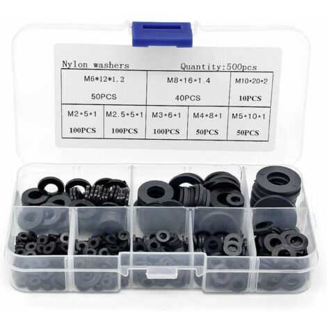 500PCS Noir Nylon Rondelle, Rondelle Spacer Rondelle Assortiment Kit M2 M2.5 M3 M4 M5 M6 M8 M10 Rondelle plate Lefou