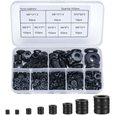 500pcs Nylon Washers, Insulated Washers, Round Gasket, Sealing Pipe Assortment Kit, M2/M2.5/M3/M4/M5/M6/M8/M10 (Black) MUMU