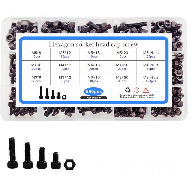 500pcs set boîte vis noir tête cylindrique écrou à vis hexagonale intérieure, vis hexagonale intérieure à tête de tasse