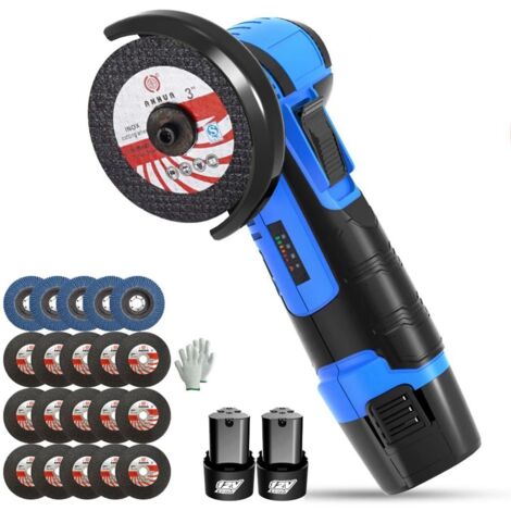 500W 12V Mini meuleuse d'angle sans fil Polisseuse avec 2 batteries, 5pc lame à lamelles et 15pc disques de ponçage
