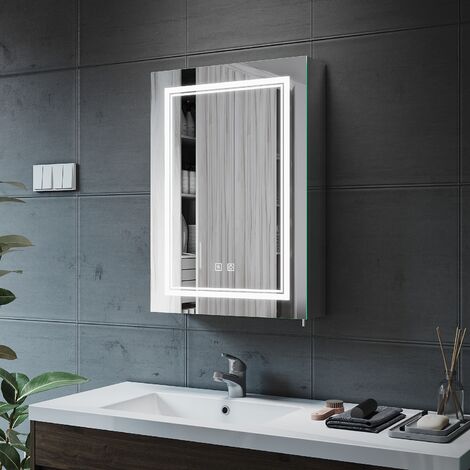 500x700x130mm Illuminated LED Bathroom Mirror Cabinet with Shaver Socket, Adjustable Glass Shelves Demister and Sensor Stainless Steel Cupboard, NMC09