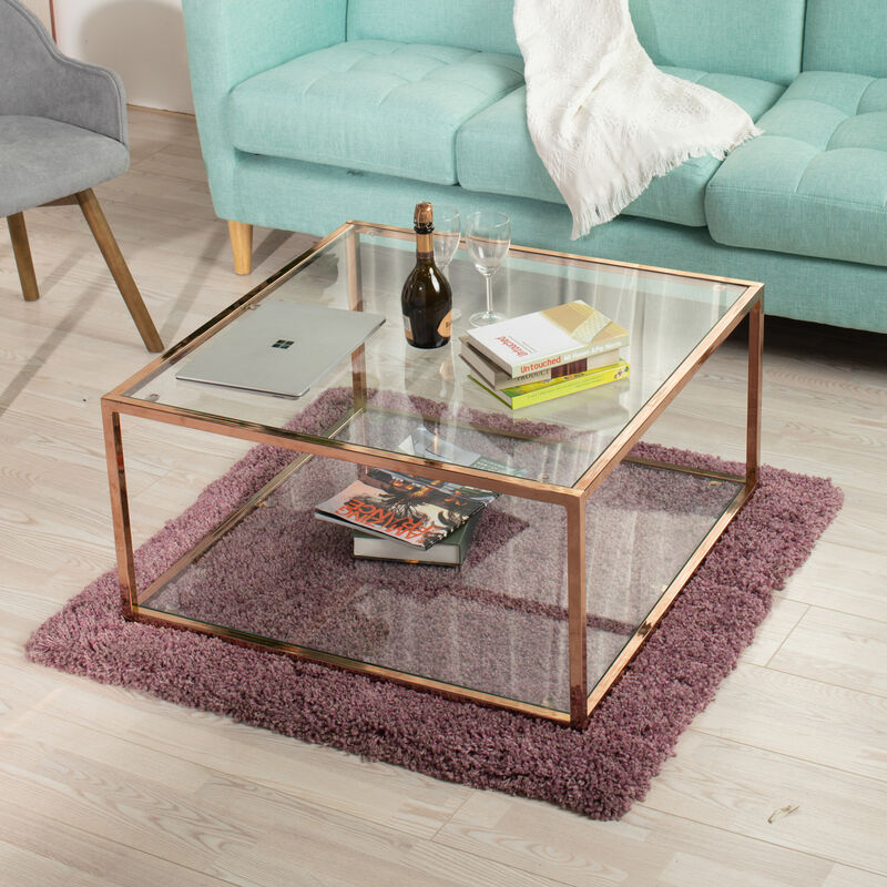 5026 Table basse carrée avec 2 étagère d'espace de rangement ouvert, en verre et en métal doré rose
