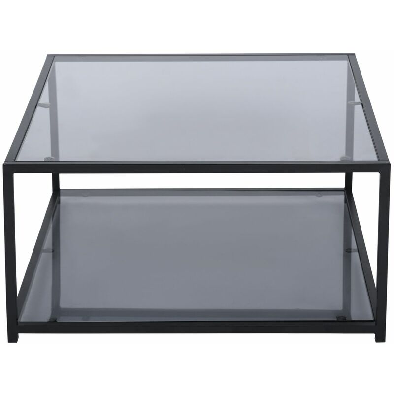 5029 Table basse carrée avec 2 étagères pour espace de rangement ouvert, en verre et métal gris