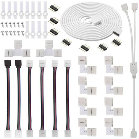 5050 Kit de connecteur de bande lumineuse à LED RGB à 4 broches Comprend Câble de diviseur, câbles de connecteur pour Bande LED, Connecteurs en forme L, Connecteurs Mâles 4 Broches
