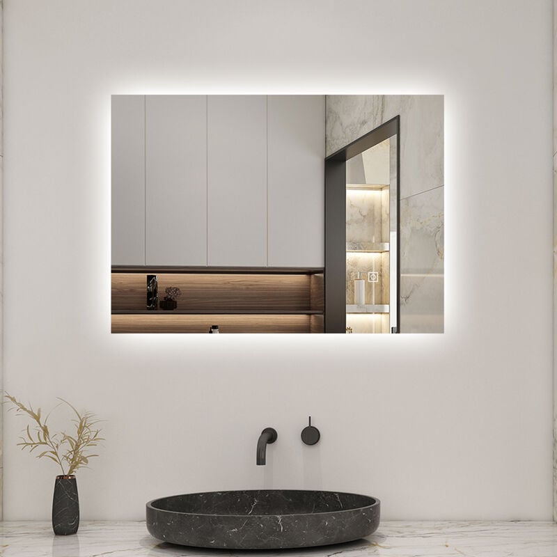 Biubiubath 70x50 cm miroir de salle de bain LED rétro-éclairé sans cadre avec anti-buée + mémoire + dimmable