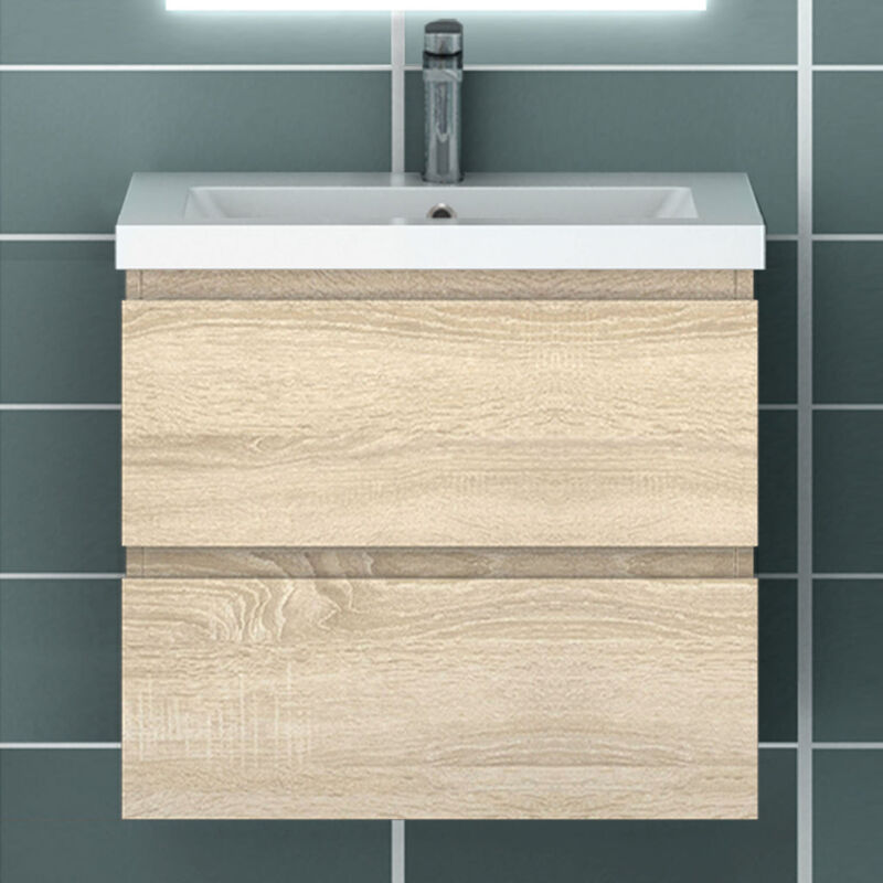 Meuble vasque suspendu 60cm naturel avec 2 tiroirs