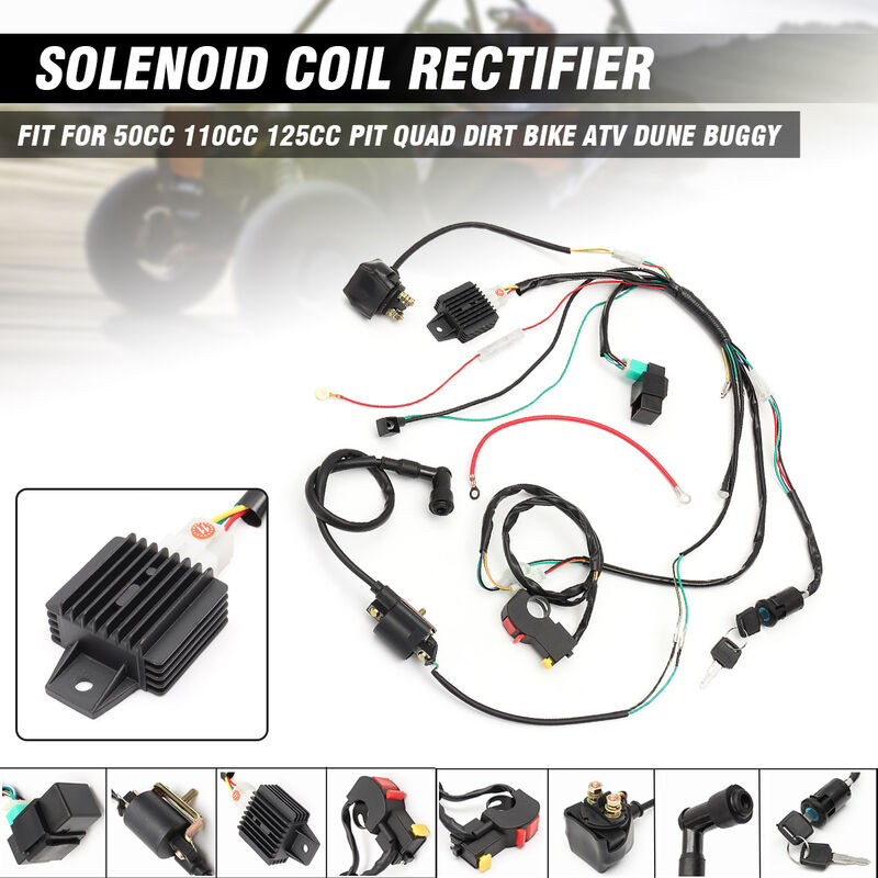 Drillpro - 50CC 110 125cc Wiring Harness Loom Solenoid Coil cdi Rectifier pit Quad