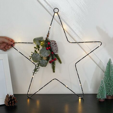 50cm Battery Power Hanging LED Star with Red Berry & Pinecones Christmas Decoration, Indoor Home