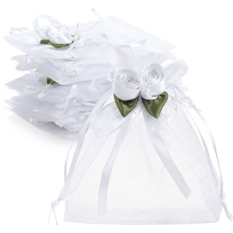 50er-Pack weiße Organza-Geschenkbeutel mit Kordelzug in Rosenform, 10,2 x 12,7 cm, Geschenkbeutel für Hochzeitsgeschenke, kleine Netzbeutel für Süßigkeiten, Schmuckbeutel für Partys, Hochzeiten, Weihn