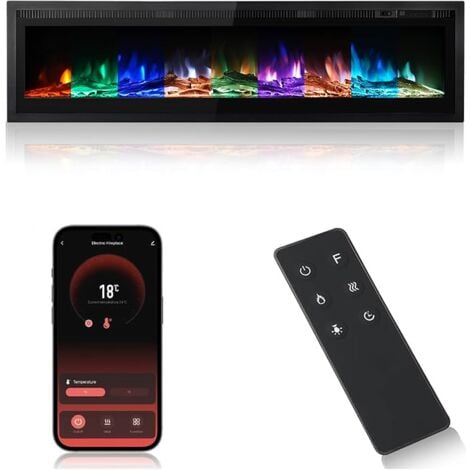 Chimenea el¨ctrica de 900W/1800W Calentador independiente montado en la pared Calentador de panel de metal Llama colorida Control remoto con cristal