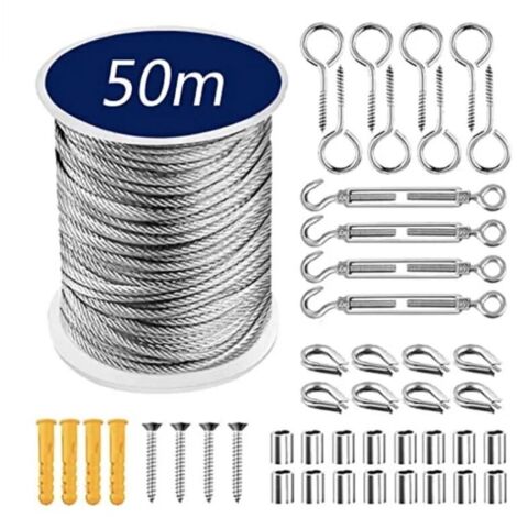 50m Cable Acier 1 ensemble multifonctionnel fils corde Kit de suspension en acier inoxydable câble fil tente cordon suspendu corde à linge for sécher les vêtements Pour Corde à Linge, Treillis Et Proj