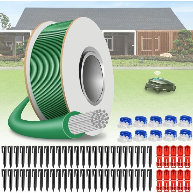100m Cable Robot Tondeuse + 50 Piquets + 10 Connecteurs de Câble + 10 Bornes de Connexion, Tondeuse Gazon Fil Périphérique Compatible avec Gardena