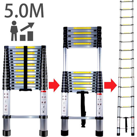 5.0M Échelle Télescopique en Aluminium Bricolage Pliable Échelle Escamotable Multifonction Charge 150 kg, Noir