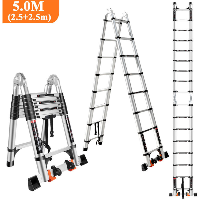 5,0M Échelle Télescopique en Aluminium Pliante avec 2 Roulettes (2,5M + 2,5M) Échelle Escamotable Multifonction Bricolage Pliable Charge 150KG Noir