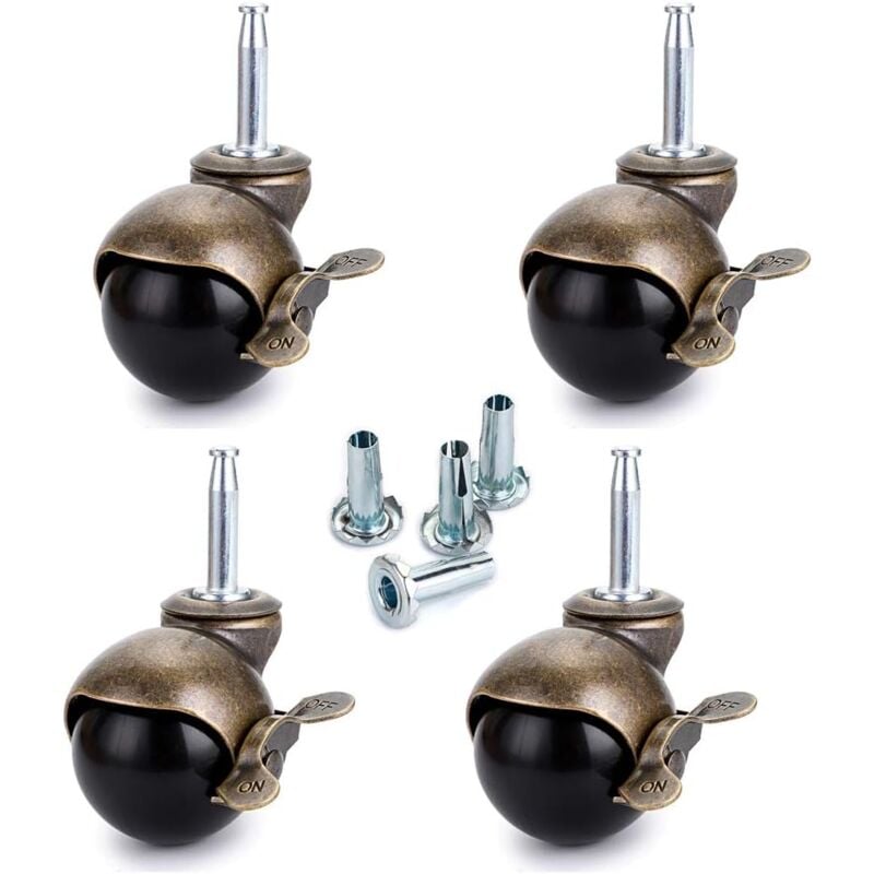 50mm Roue à bille en bronze, roulettes pour meubles avec douilles, roulettes à boule arrondie avec frein, remplacement pour meubles, canapés,