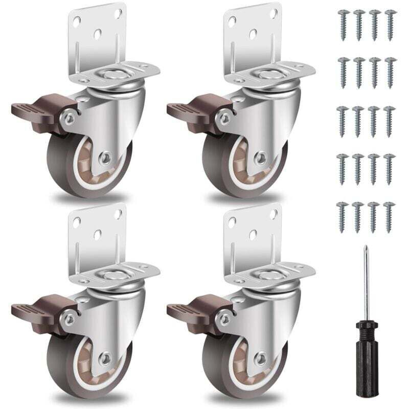 50mm Roulettes pour Meubles avec 4 Frein, Plaque de Montage en L, Roulette Charge Lourde Jusqu'à 270KG, Caoutchouc pour Tous Les Sols, Meuble,