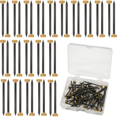 50Pcs 4mm Brass Head Picture Hanging Nails for Hanging Pictures with Black and Yellow Plastic Storage Box - Small Nails for Picture Frame, Wall, Fence