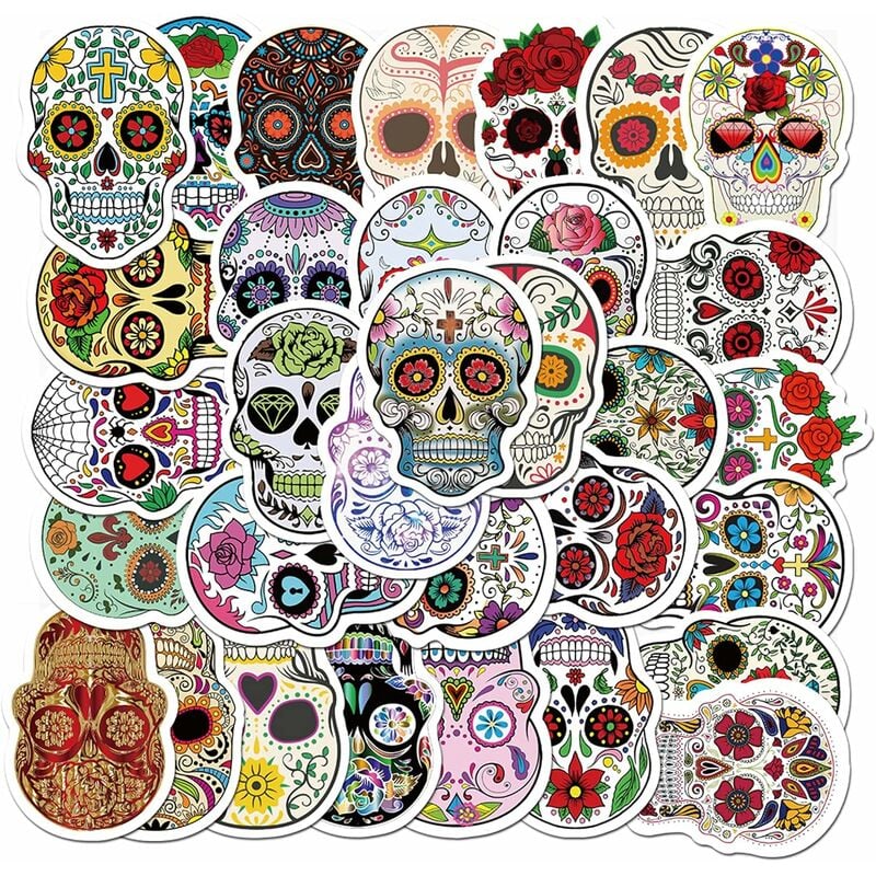 50pcs Halloween Sugar Skull Stickers, Dia de Los Muertos Mexican Day of Dead Stickers Stickers, Candy Skull Stickers pour ordinateur portable,