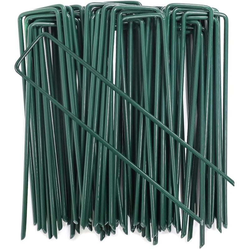 100PCS Piquets de Fixation en Acier Galvanisé Vert, Ancrage au Sol de Jardin en Forme de U pour Toile de Paillage, 150x25mm, Ø 3mm, Vert