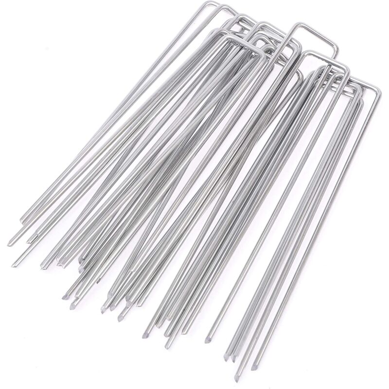 100PCS Piquets de Fixation en Acier Galvanisé, Ancrage au Sol de Jardin en Forme de u pour Toile de Paillage, 150x25mm, ø 3mm, Argent