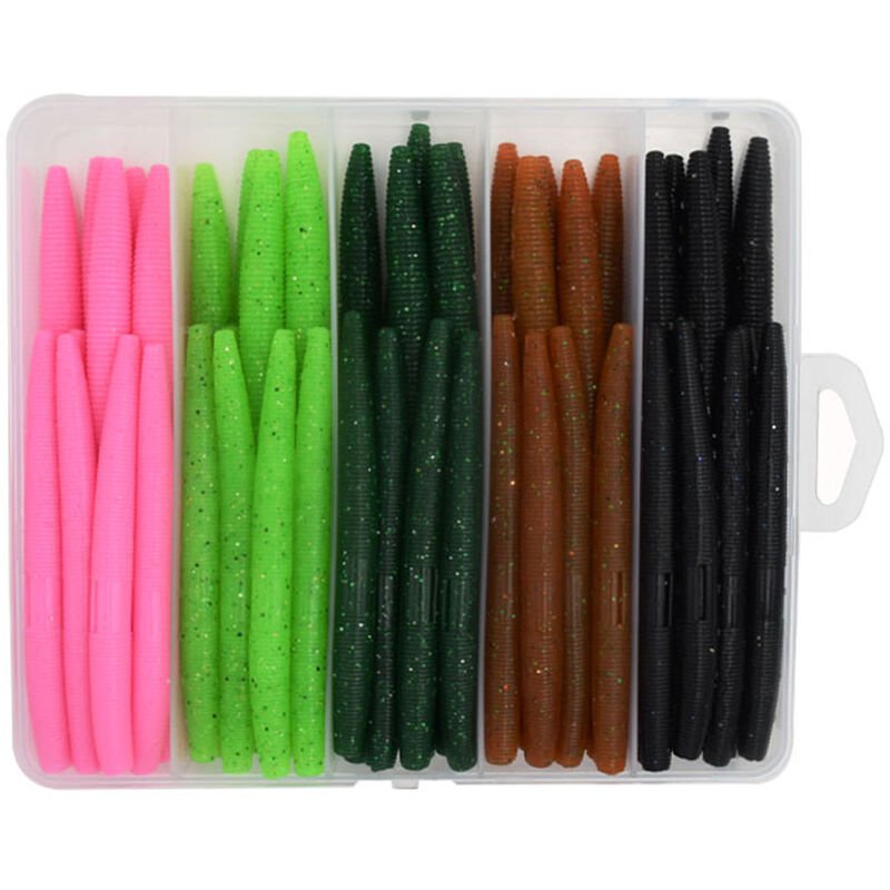 

50pcs Senuelos de pesca de gusano suave Juego de cebos de pesca realistas con caja de aparejos portatil Kit de senuelos de pesca de lubina de agua