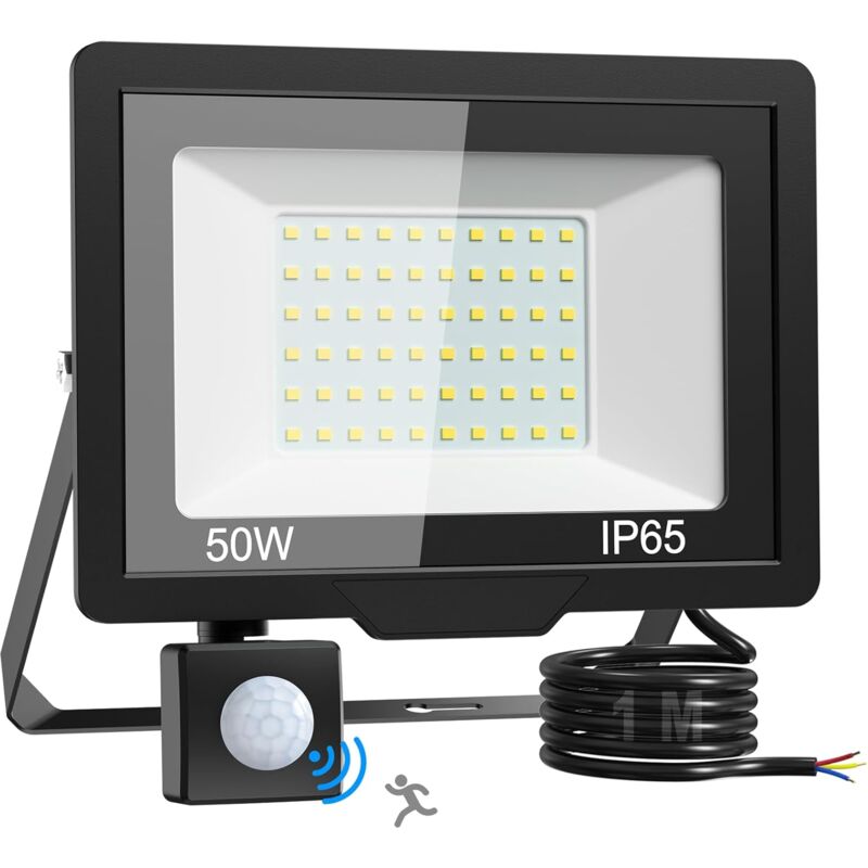 50W Projecteur LED Extérieur avec Détecteur, 5000LM IP65 étanche Spot LED Extérieur, 6500K Blanc Froid Eclairage Exterieur Detecteur de Mouvement