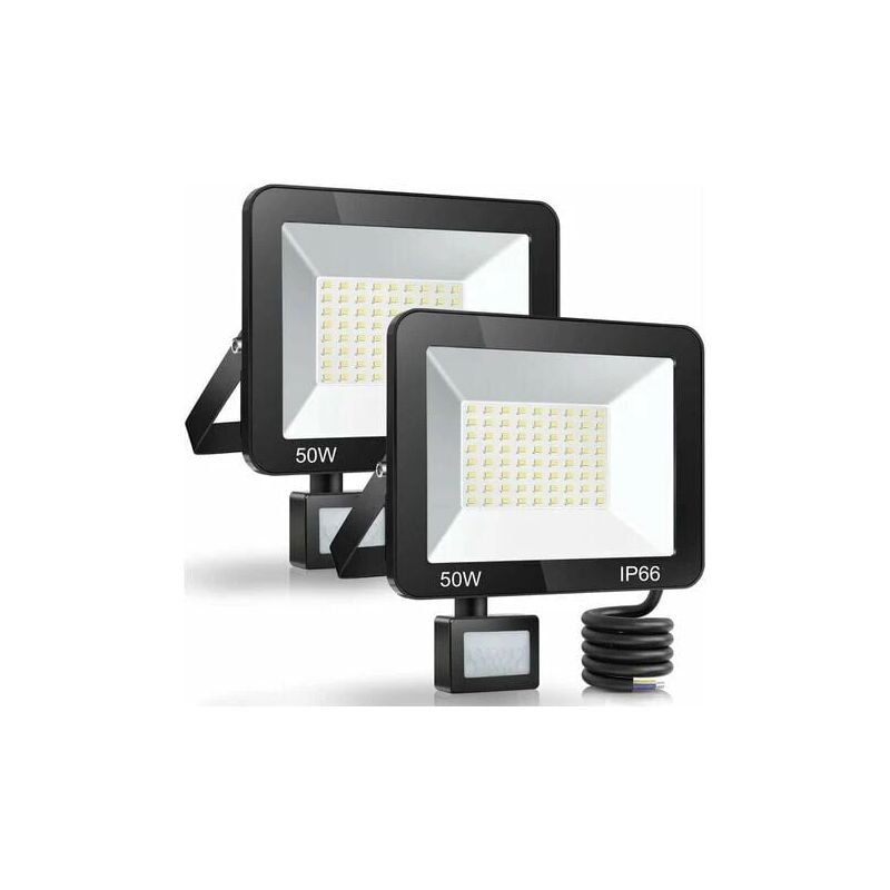 50W Projecteur LED Exterieur Detecteur de Mouvement 2 Pièce, IP66 Étanche Spot LED Avec Détecteur, 5000LM 7000K Blanc Froid Eclairage Exterieur,
