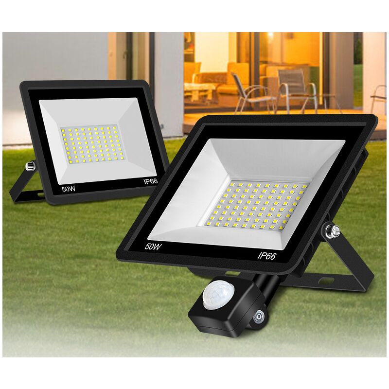 Projecteur led d'extérieur 50 w avec détecteur de mouvement, 2 pièces, lumière led avec capteur IP66 étanche, 5 000 lm, 6 500 k, blanc froid,