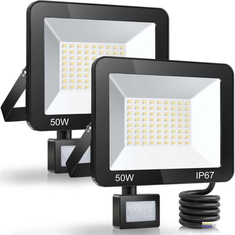 50W Projecteur LED Exterieur Detecteur de Mouvement 2 Pièce, IP67 Étanche Spot LED Avec Détecteur, 5000LM 7000K Blanc Froid Eclairage Exterieur,